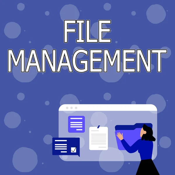 Konzeptionelle Bildunterschrift: Dateiverwaltung. Word für Computerprogramm, das Benutzeroberfläche bietet, um Daten zu verwalten Woman Arrangement Browser History, Editing Organizing Online Files, — Stockfoto