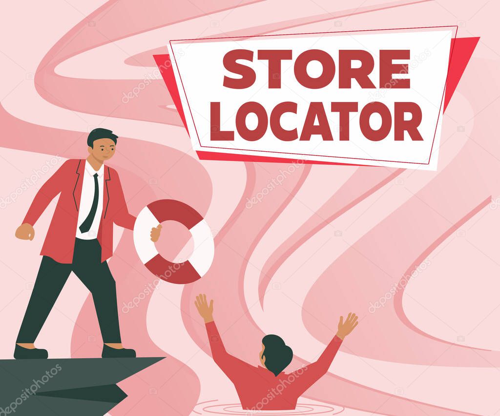 Text showing inspiration Store Locator. Business overview to know the address contact number and operating hours Gentleman In Suit Helping Colleague Representing Successful Teamwork.