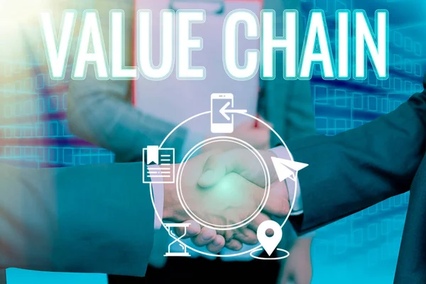 Conceptual caption Value Chain. Business overview Business manufacturing process Industry development analysis Handshake presenting innovative plan ideas symbolizing successful teamwork. — Stock Photo, Image