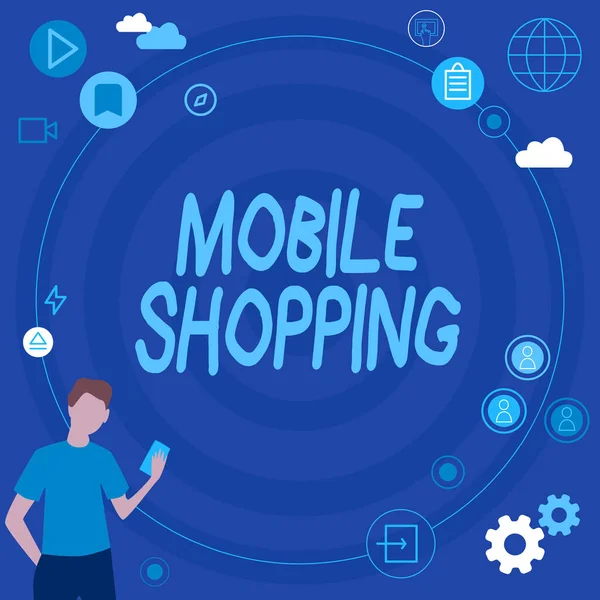 Texte manuscrit Mobile Shopping. Notion d'achat et de vente de biens et de services par l'intermédiaire d'un homme d'affaires mobile Pensée innovante Idées directrices vers un avenir stable. — Photo