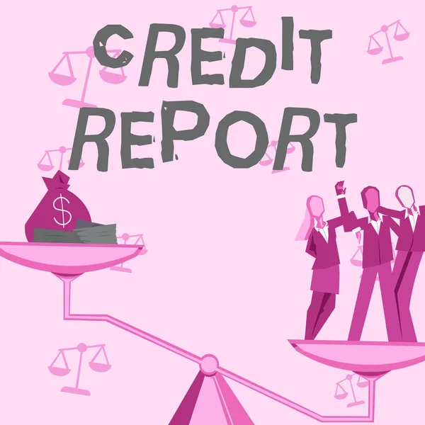 Kézírás szöveg Credit Report. Koncepció jelentése Kölcsönzés Rap Sheet Bill és Dues Fizetési pontszám Adósság Történet Munkatársak elérve csapatmunka sikeres pénzügyi nyereség. — Stock Fotó