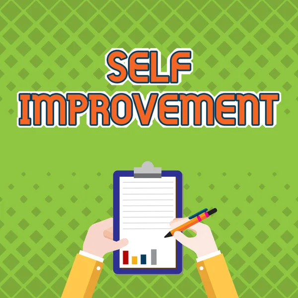 Ručně psaný text Self Improvement. Konceptuální fotografování proces, aby si lepší nebo více znalý obchodní partner držení schránky dokumentační sestavy s perem. — Stock fotografie