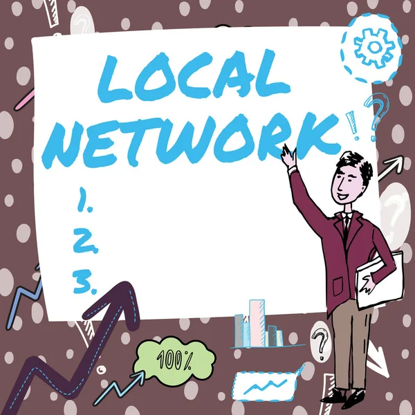 Text sign showing Local Network. Concept meaning Intranet LAN Radio Waves DSL Boradband Switch Connection Gentleman Drawing Standing Pointing Finger In Blank Whiteboard. — Stock Photo, Image
