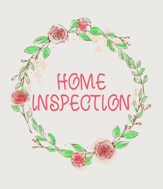 Kavramsal Başlık Ev Teftişi. Soyut Modernize Formlar Çiçekler ve Yeşilliklerle süslenmiş ev ile ilgili boş bir çerçevenin durumunun iş genel incelemesi.