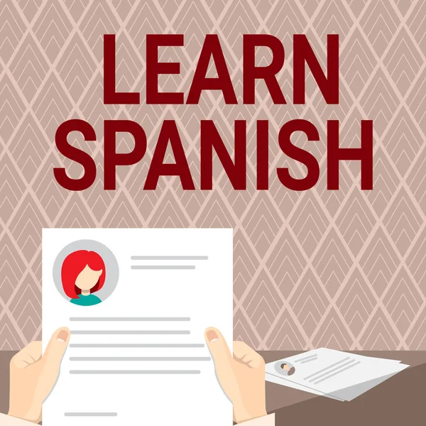 İspanyolca Öğren 'i gösteren metin işareti. İspanya 'da İş Yaklaşımı Çeviri Dili Sözcük Hazinesi Konuşması Elleri Tutma Yeni Kariyer Fırsatları Açılışı Gösteriyor. — Stok fotoğraf