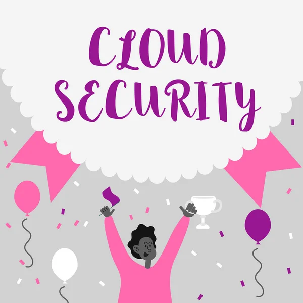 Tekst pisma Cloud Security. Internet Concept Ochrona przechowywanych informacji bezpieczne Technologia kontrolowana Man Holding Trophy Celebrating Performance otoczony balonami. — Zdjęcie stockowe