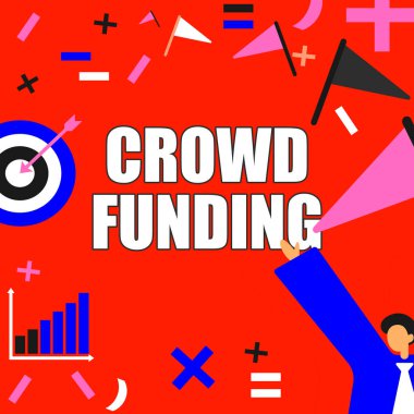 El yazısı tabelası Kalabalık Fonu. Kickstarter Startup Sözleşmesi Bağışı Sözcüğü Mevcut Hedefleri Gösteren Takım Elbiseli Başarılı Centilmen Bağışı.