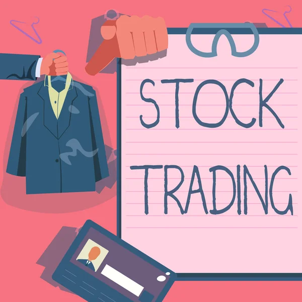 Testo che mostra ispirazione Stock Trading. Panoramica aziendale Comprare e vendere titoli elettronicamente su Exchange Floor Hands Holding Uniform Mostrando nuove opportunità di carriera aperte. — Foto Stock