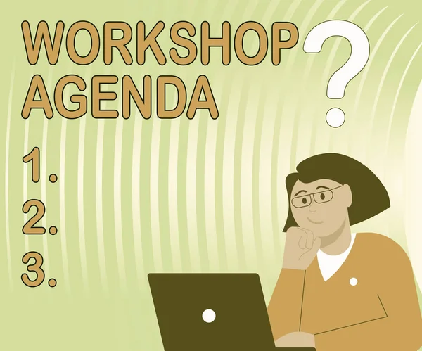 Text med presentation av Workshop Agenda. Affärsidé hjälper dig att se till att din plats stannar på schemat Lady Ritning Brainstorming Nya lösningar Omgiven av frågetecken — Stockfoto