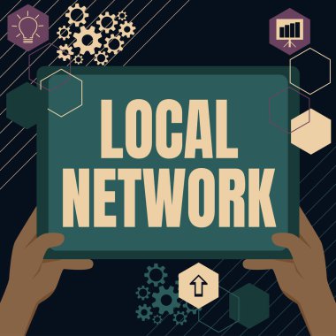 Yerel Ağ işareti gösteren bir ilham kaynağı. İş yaklaşımı LAN Radyo Dalgaları DSL Boradband Bağlantı Eli Büyük Tablet Arama Planları kullanarak Yeni İnanılmaz Fikirler