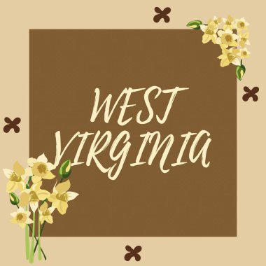 Batı Virginia 'yı temsil eden metin başlığı. Amerika Birleşik Devletleri Seyahat Gezisi Sözcükleri Soyut Modernize Formlar Çiçekler ve Yeşilliklerle süslenmiş Tarihi Boş Çerçeve.