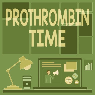 Prothrombin saatini gösteren metin işareti. İş konsepti, kahve fincanının yanında dizüstü bilgisayarda kan pıhtılaşması oluşturma ve çalışma sürecini gösterme yeteneğinizi değerlendirir..