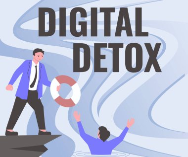 Kavramsal görüntü Dijital Detox. Konsept, Elektronik Aygıtlardan Kurulmamış Takım Elbiseli Centilmen İş Arkadaşlığı Temsilciliğine Yardım Etme Başarılı Takım Çalışmasına Bağlantının Kesilmesi anlamına gelir.