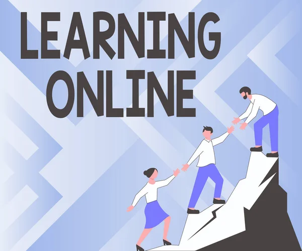 Text caption presenting Learning Online. Word for Learn something new with the help of internet and technology Colleagues Climbing Upwards Mountain Reaching Success Presenting Teamwork. — Stock Photo, Image