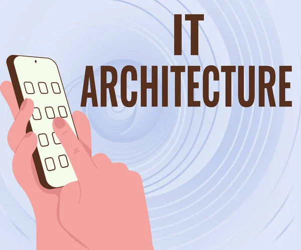 Text caption presenting It Architecture. Word for Architecture is applied to the process of overall structure Hands Holding Technological Device Pressing Application Button. — Stock Photo, Image