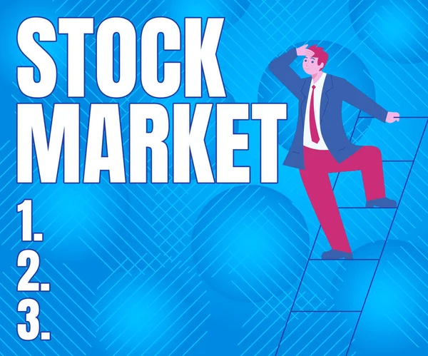 Inspiration, die Zeichen am Aktienmarkt zeigt. Internet-Konzept Besonderer Markt, auf dem Aktien und Anleihen gehandelt werden oder Gentleman In Suit Standleiter sucht neueste Planideen. — Stockfoto