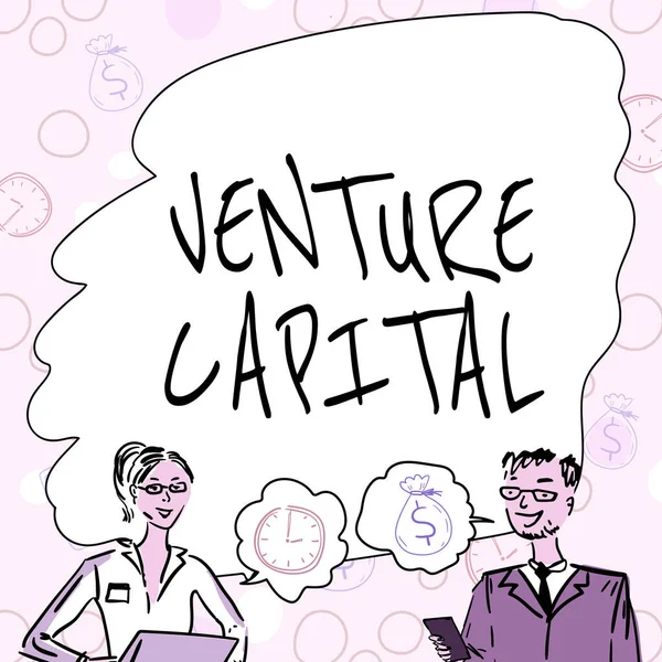 Inspirace ukazuje znamení Venture Capital. Financování podnikatelského přehledu, které firmy poskytují malým začínajícím firmám Členové týmu, kteří hledají nová řešení ve Whiteboardu. — Stock fotografie
