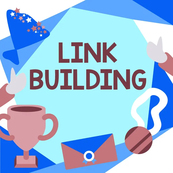 Kézírás jel Link Building. Konceptuális fotó SEO Term Exchange Links Acquire Hyperlinks Indexed People gratulálok a siker bemutatása Érdemérmek. — Stock Fotó