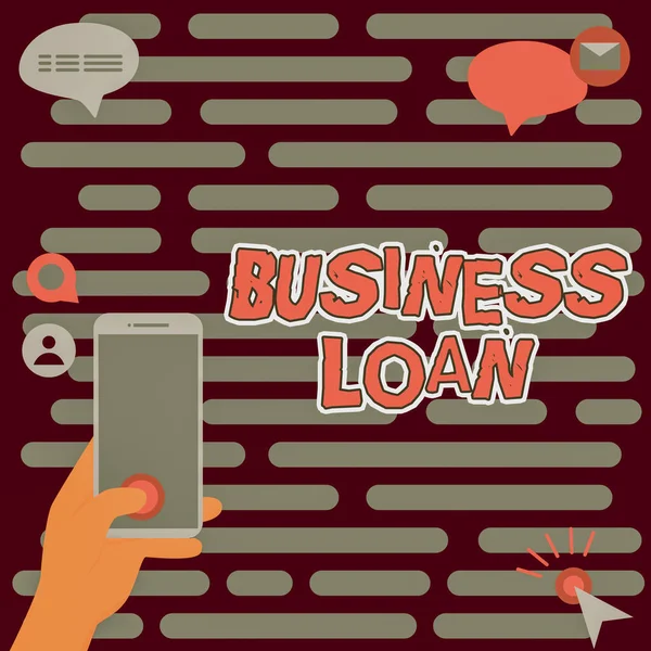 Znak tekstowy pokazujący Business Loan. Zdjęcie koncepcyjne Kredyt hipoteczny Pomoc finansowa Zaliczki gotówkowe Dług Ręce Holding Technological Device Pressing Application Button. — Zdjęcie stockowe