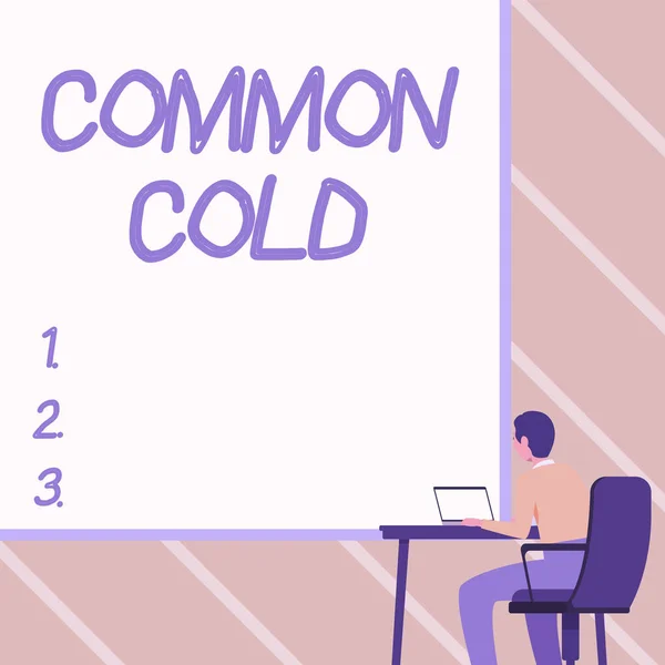 Conceptual caption Common Cold. Business concept viral infection in upper respiratory tract primarily affecting nose Man Sitting Armchair Using Laptop Placed On Table With Large Blank Board.