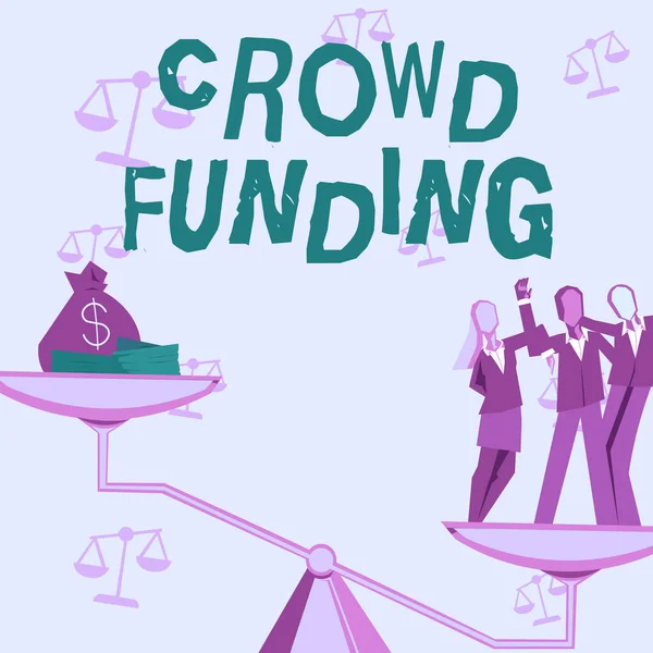 Conceptual caption Crowd Funding. Enfoque empresarial Recaudación de fondos Kickstarter Startup Pledge Plataforma Donaciones Colegas que logran un trabajo en equipo logrando una ganancia financiera exitosa. —  Fotos de Stock