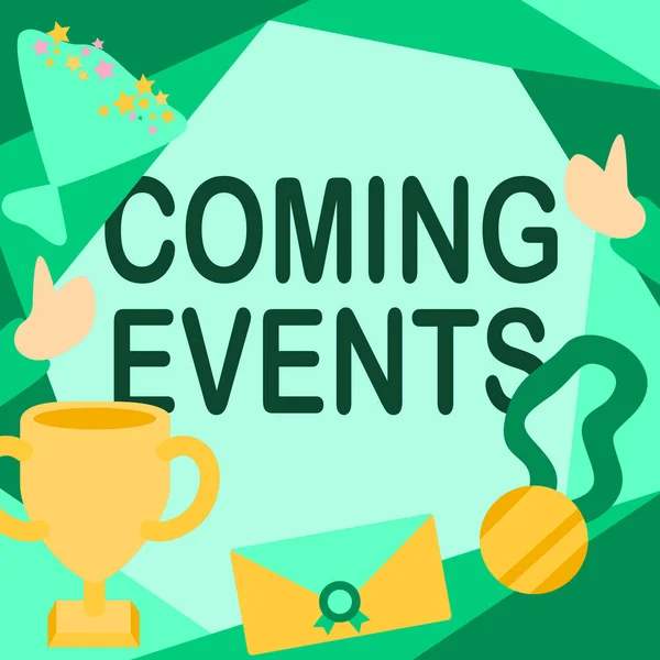 Exibição conceitual próximos eventos. Internet Concept Happening soon Forthcoming Planned meet Upcoming In the Future People Congratulating Success Presenting Earned Trophy Medals. — Fotografia de Stock