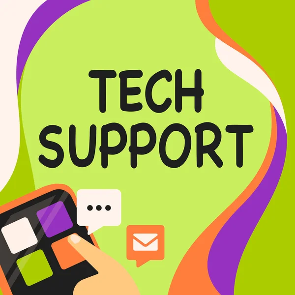 サインを示すインスピレーション｜Tech Support。技術的な問題を抱えている人を支援する上で書かれた言葉指を押すアプリケーションボタンを押すグローバルネットワーク接続を提示. — ストック写真