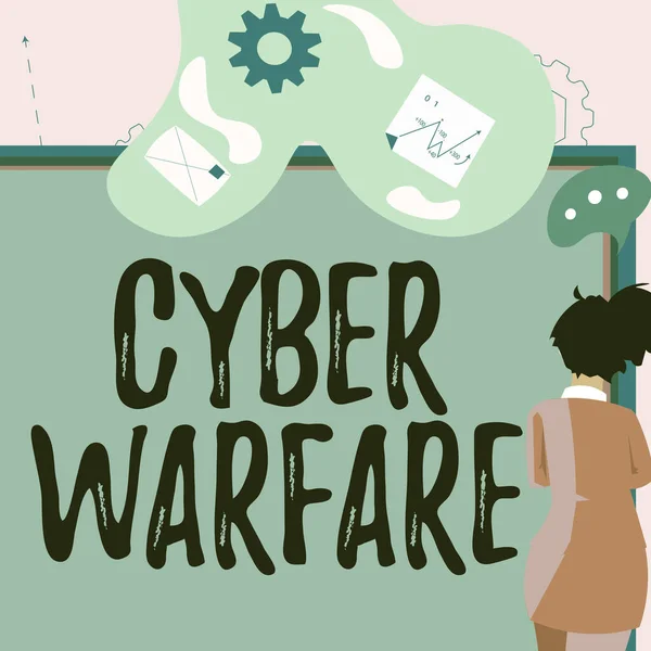 Conceptual caption Cyber Warfare. Business idea Virtual War Hackers System Attacks Digital Thief Stalker Businesswoman presenting business proposal and updates on board. — Stock Photo, Image