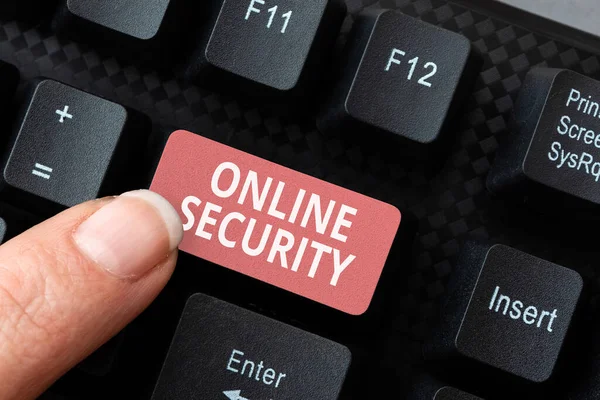 Znak tekstowy pokazujący bezpieczeństwo online. Word for act of ensure the security of transactions done online Abstract Typing Online Invitation Letters, Fixing Word Processing Program — Zdjęcie stockowe
