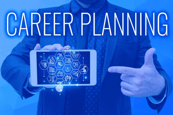 Conceptual display Career Planning. Business overview Strategically plan your career goals and work success Man holding Screen Of Mobile Phone Showing The Futuristic Technology.