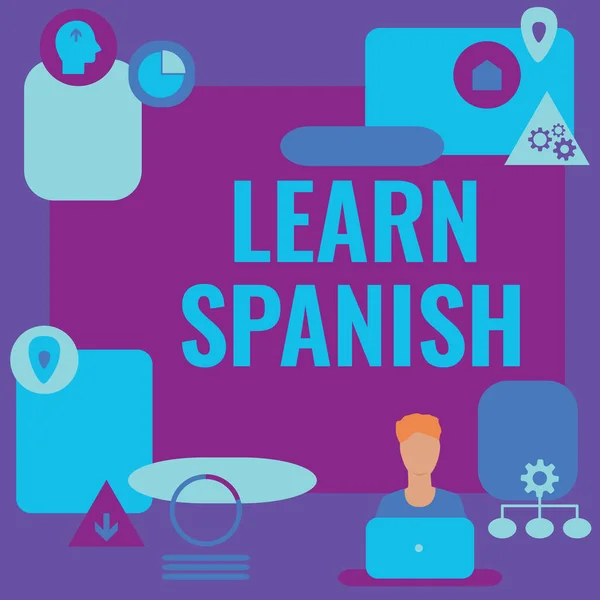 İşaret işareti gösteren ilham İspanyolca öğren. İspanya 'da Çeviri Dili Üzerine Yazılan Sözcük Hazinesi Sözcüsü Masada oturan ve Yeni Teknolojileri Sunan Konuşmacı. — Stok fotoğraf