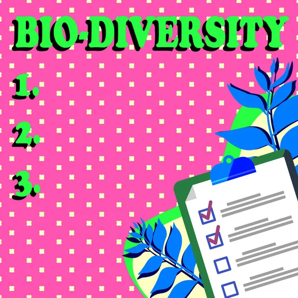 Handschrift teken Bio Diversity. Business showcase Verscheidenheid van het leven Organismen Marine Fauna Ecosystem Habitat Klembord Tekenen met Checklist Gemerkt Gereed items Op de lijst. — Stockfoto