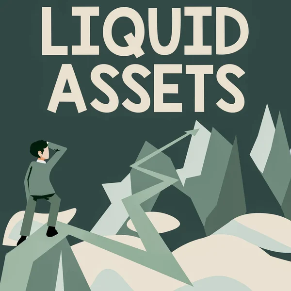 Escribir mostrando texto Liquid Assets. Palabra escrita en efectivo y saldos bancarios Liquidez del mercado Stock diferido Hombre mirando flecha horizonte apuntando simbolizando el éxito futuro proyecto. — Foto de Stock