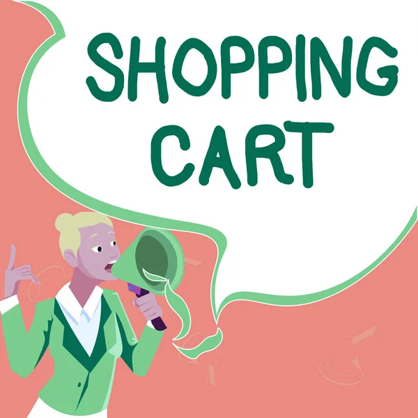 Sign displaying Shopping Cart. Business approach Case Trolley Carrying Groceries and Merchandise Female leader holding a megaphone expressing encouraging ideas. — Stock Photo, Image