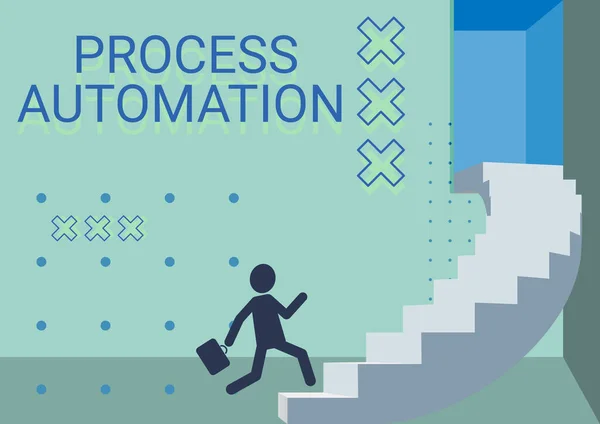 Panneau affichant Process Automation. Business showcase Transformation Robotique simplifié pour éviter la redondance Gentleman en costume courant vers le haut sur un grand escalier Étapes montrant des progrès. — Photo