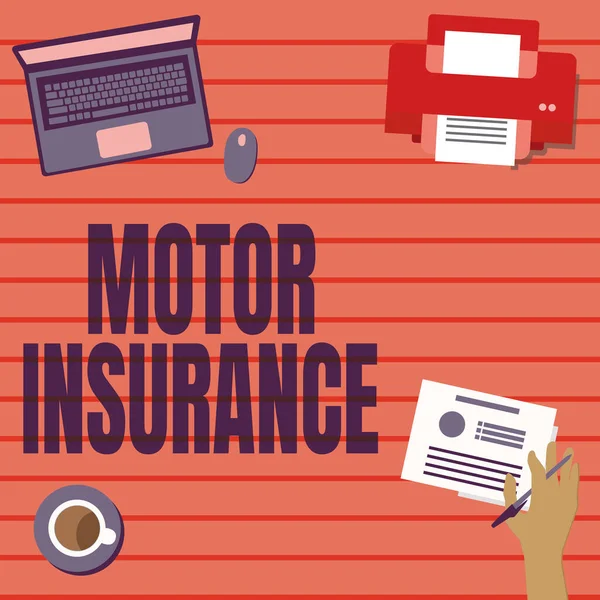 자동차 보험 (Motor Insurance) 은 미국의 보험이다. 재정적 보상을 제공하라는 말은 손에 든 펜을 들고 새로운 놀라운 아이디어를 위한 계획을 준비하라는 말이다 — 스톡 사진