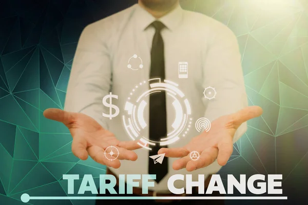 Conceptuele weergave Tariefwijziging. Concept betekent wijziging van invoerbelasting op goederen en diensten Zakenman in pak met open handpalmen vertegenwoordigt innovatief denken. — Stockfoto