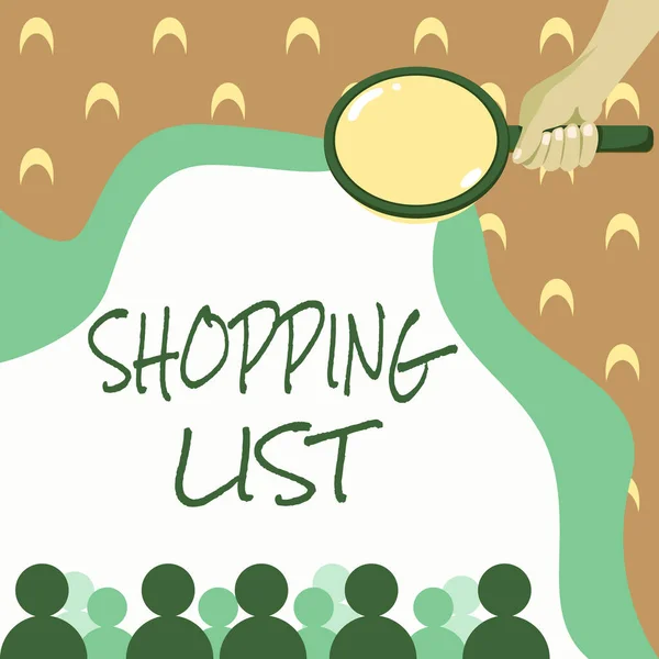 Writing displaying text Shopping List. Conceptual photo Discipline approach to shopping Basic Items to Buy Hand Holding Magnifying Glass Examining Socio Economic Structure. — Stock Photo, Image
