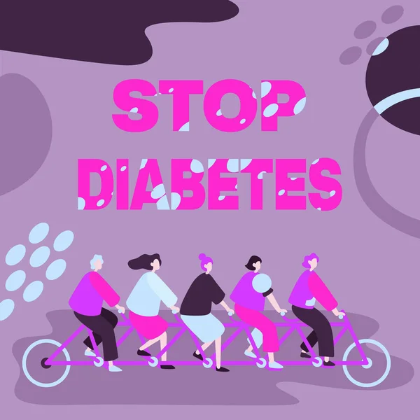 Inspiração mostrando sinal Stop Diabetes. Conceito de negócio Nível de açúcar no sangue é maior do que o normal Injetar Insulina Colegas Montando Bicicleta Representando Trabalho em Equipe Solução de Problemas de Sucesso. — Fotografia de Stock