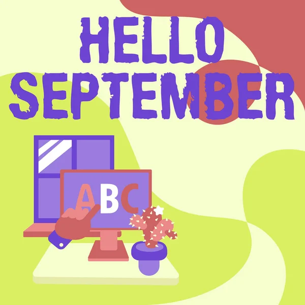 Texto mostrando inspiração Hello September. Idéia do negócio Ansiosamente querendo uma recepção calorosa para o mês de setembro mão mostrando letras apontando tela do navegador da Web com cacto no lado. — Fotografia de Stock