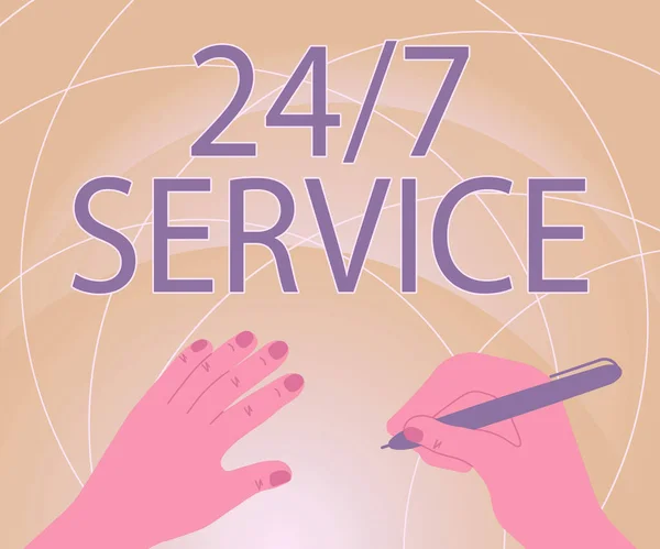 Conceptual display 24 Or 7 Service. Business showcase Always available to serve Runs constantly without disruption Hands Using Pencil Strategizing Newest Innovative Creative Goal Plans. — Stock Photo, Image