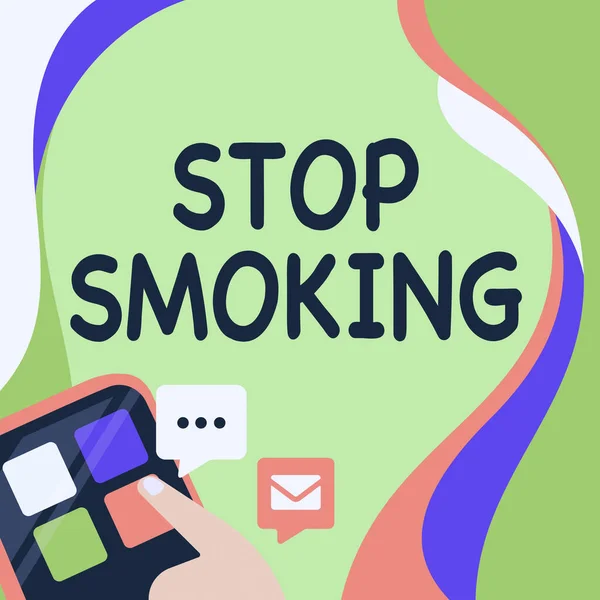 表现出戒烟迹象的灵感。互联网概念停止使用或停止使用吸烟成瘾的手指按压应用按钮显示全球网络连接. — 图库照片