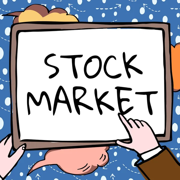 Writing displaying text Stock Market. Business showcase Particular market where stocks and bonds are traded or exhange Hands Holding Paper Showing New Ideas Surrounded With Stars. — Stock Photo, Image