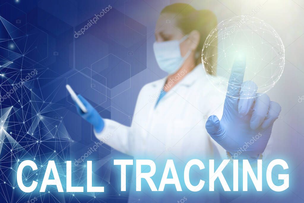 Inspiration showing sign Call Tracking. Word for Organic search engine Digital advertising Conversion indicator Nurse in uniform pointing upwards represents global innovative thinking.