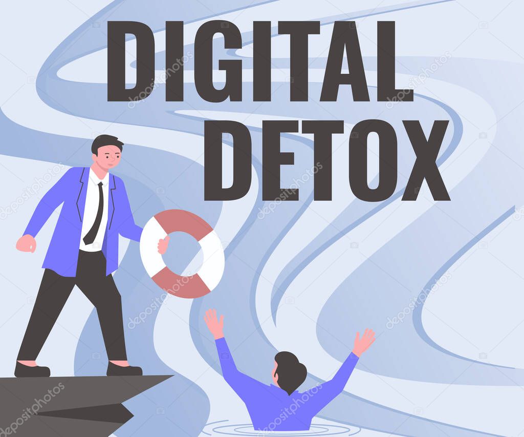 Conceptual display Digital Detox. Concept meaning Free of Electronic Devices Disconnect to Reconnect Unplugged Gentleman In Suit Helping Colleague Representing Successful Teamwork.