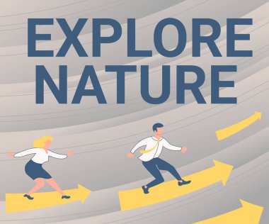 Doğayı Keşfeden Tabela. Rezervasyon Kampı Koruma Seferi Safari Parkı Okları İçin Söz Daha İyi Mali Plan İçin İşbirliği Yapan İki İş Arkadaşına Kılavuz Ediyor