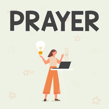 İlham, işaret duasını gösteriyor. İş konsepti, Laptop kullanan ve Denetim Listesi Yapan Kız 'ın Tanrı' ya İllüstrasyonu 'na yardım veya teşekkürlerinin ifadesi için resmi talepte bulunuyor..