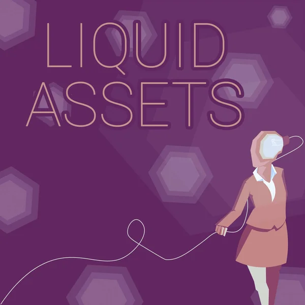 A Liquid Assets-et bemutató szöveges felirat. Üzleti koncepció Készpénz és bank mérleg Piaci likviditás Halasztott Stock Lady viselet öltöny egy fej tele ötletek által képviselt villanykörte. — Stock Fotó