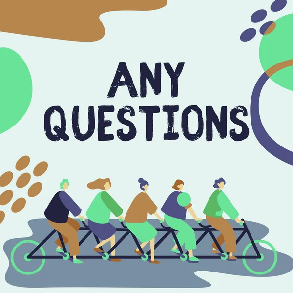 Sign displaying Any Questions. Business concept Clueless Blank face Inquiry Disputes Probes Issues Riddles Colleagues Riding Bicycle Representing Teamwork Successful Problem Solving. — Stock Photo, Image