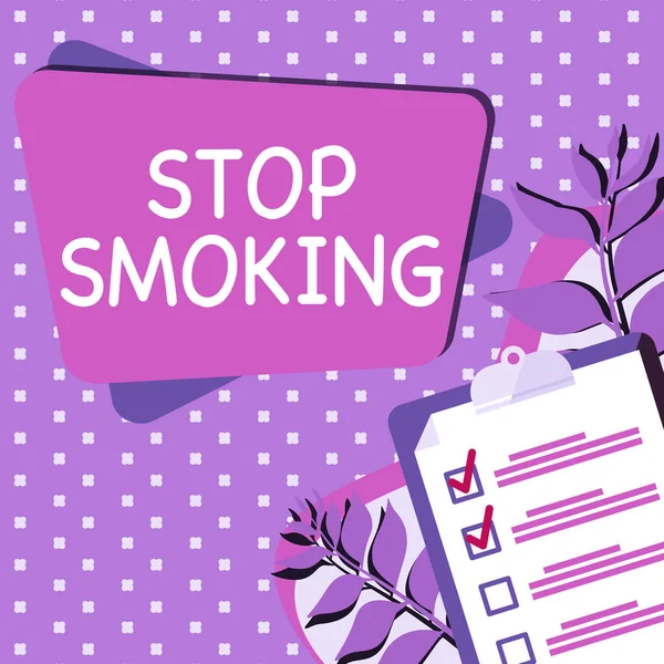 Sign displaying Stop Smoking. Word Written on Discontinuing or stopping the use of tobacco addiction Clipboard Drawing With Checklist Marked Done Items On List. — Stock Photo, Image